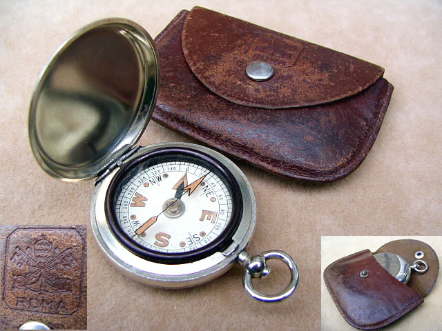 Full hunter cased pocket compass in leather pouch impressed with Vatican City coat of arms